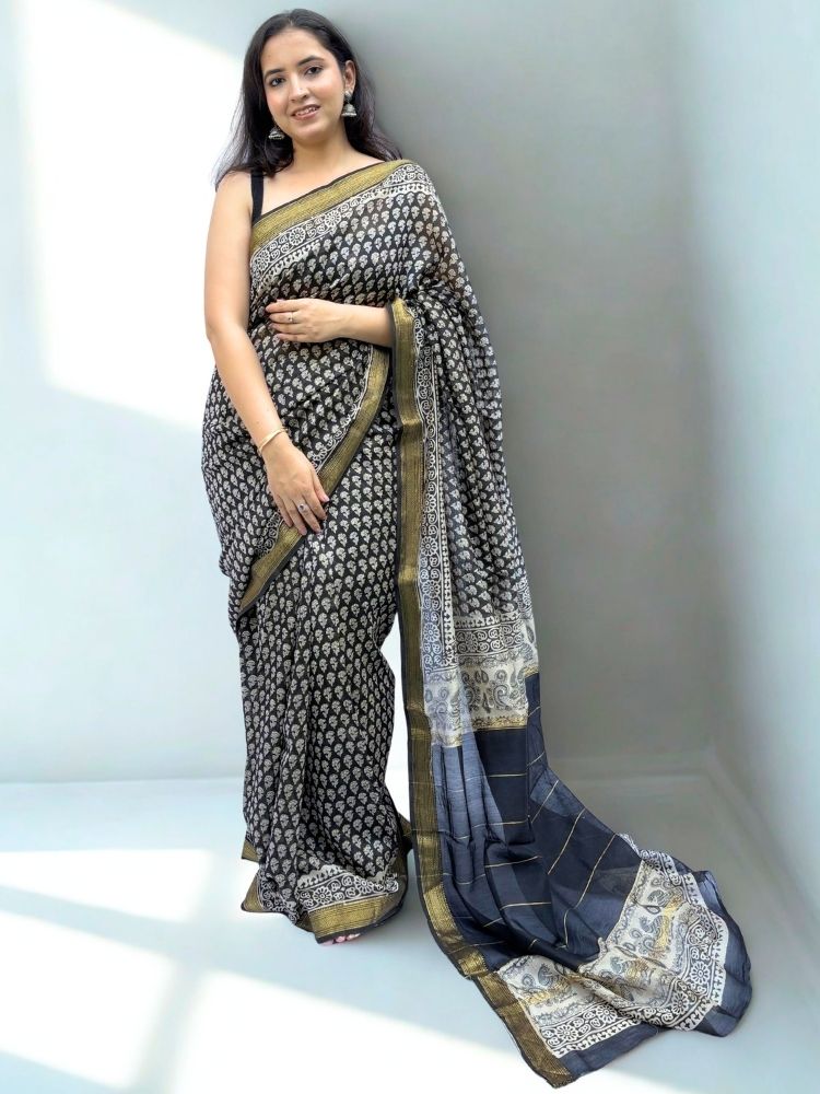 Midnight Charm – Black Maheshwari Silk Cotton Saree with Bagru Print
